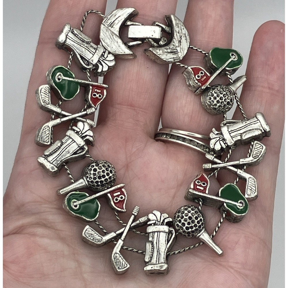 Vtg Golf Charm Slide Bracelet Silver Tone Enameled Whimsical Golfer Gift Kitschy